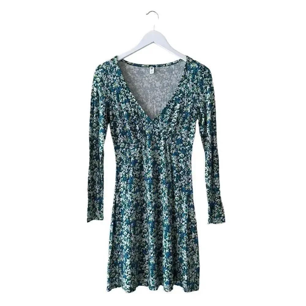Nordstrom BP  Viscose Blue Green Floral V-Neck Long Sleeve Flare Knit Small